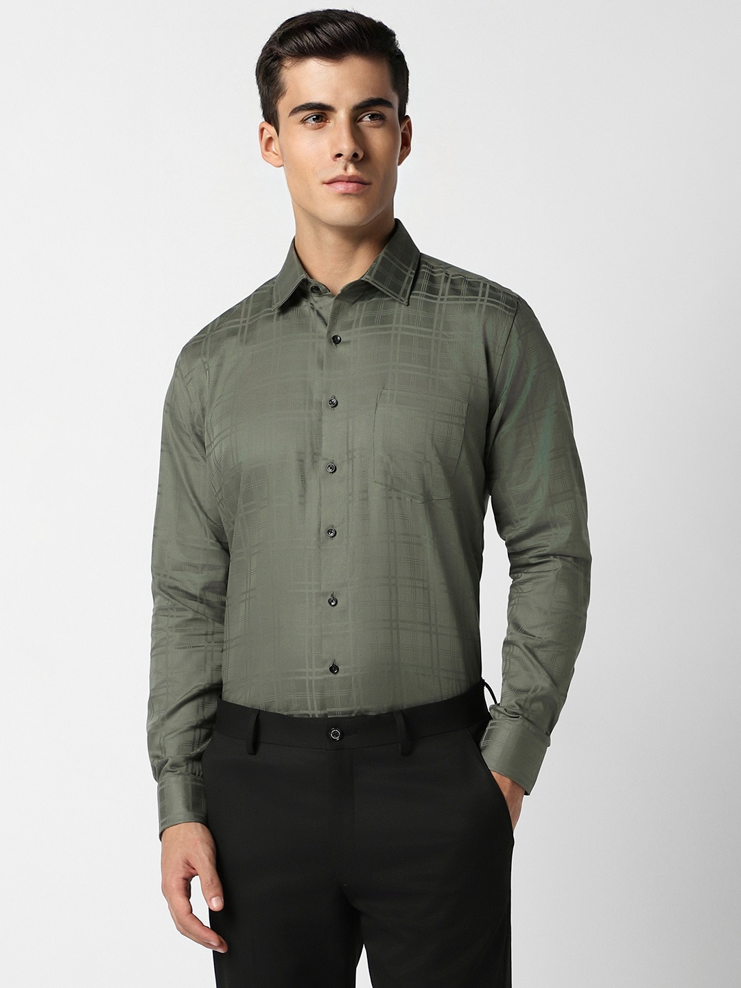 

Van Heusen Slim Fit Checked Spread Collar Pure Cotton Formal Shirt, Olive