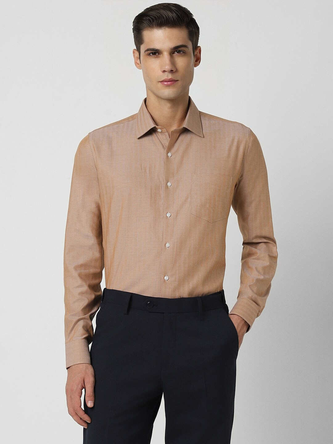 

Van Heusen Slim Fit Striped Spread Collar Long Sleeves Cotton Formal Shirt, Brown