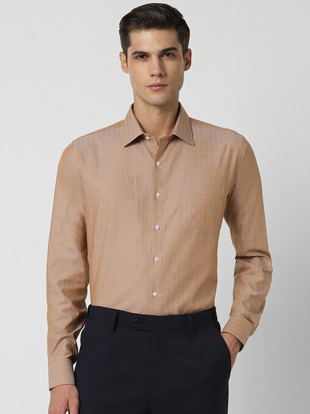 

Van Heusen Slim Fit Vertical Striped Pure Cotton Formal Shirt, Brown