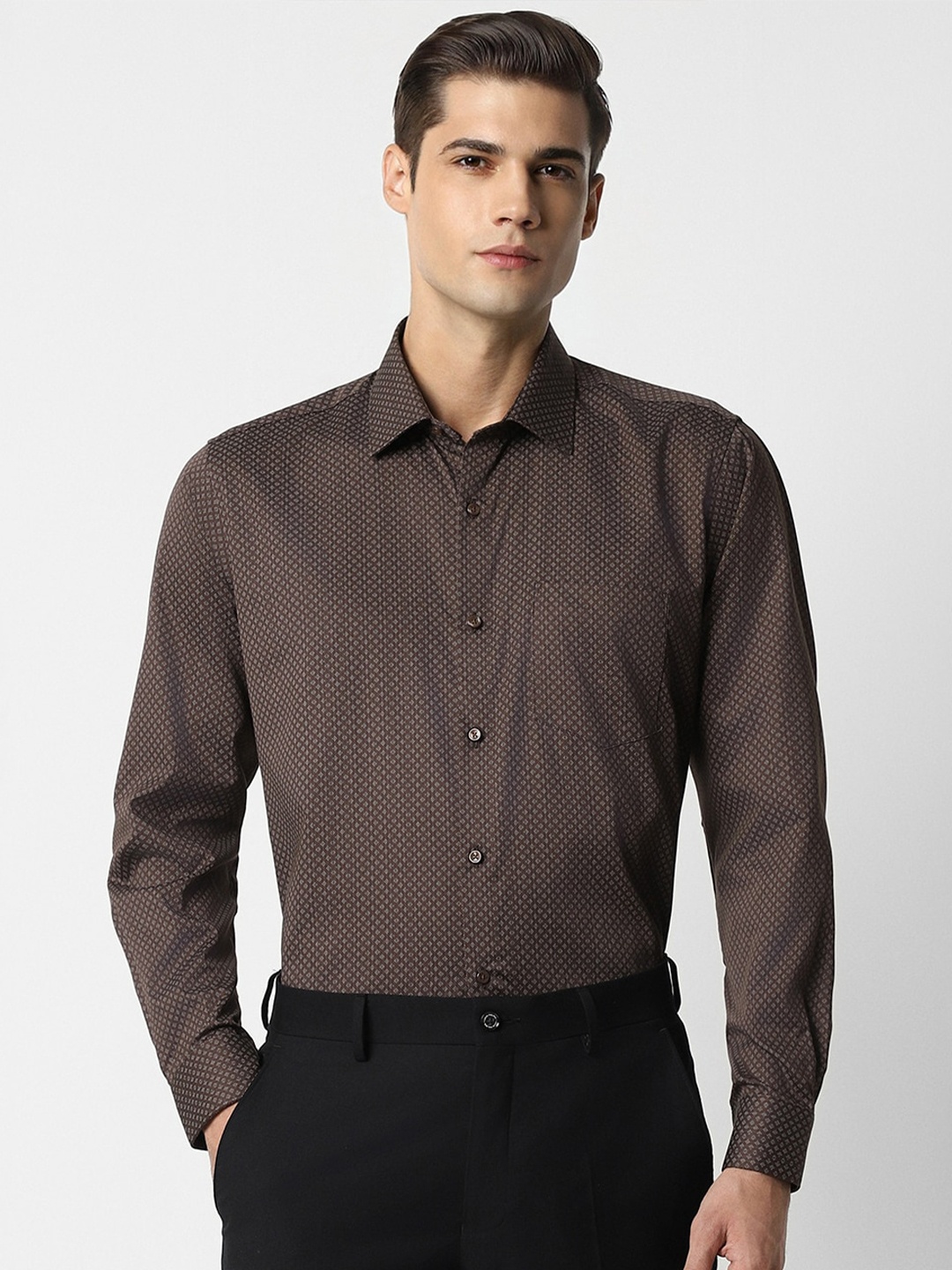 

Van Heusen Slim Fit Micro Ditsy Printed Pure Cotton Formal Shirt, Brown