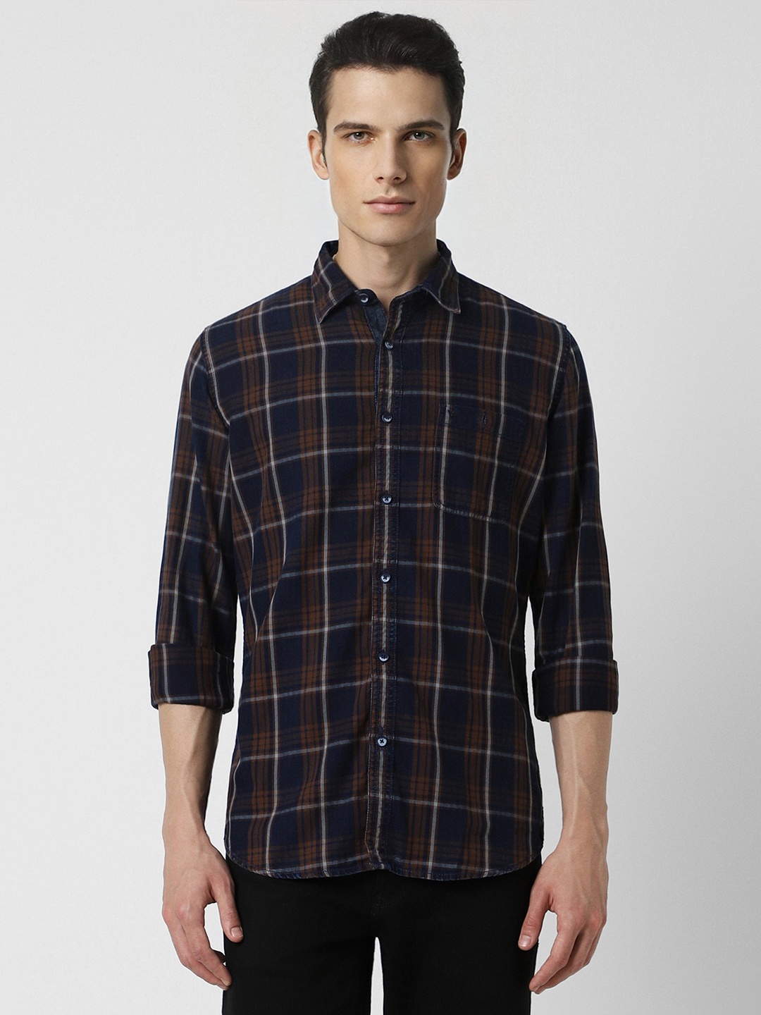 

VAN HEUSEN DENIM LABS Checked Cotton Spread Collar Long Sleeves Slim Fit Casual Shirt, Navy blue