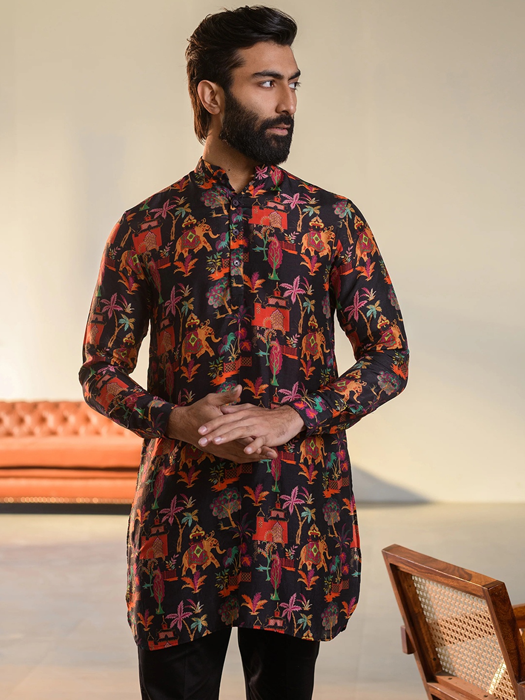 

QB MEN Ethnic Motifs Printed Pure Cotton Straight Kurta, Black