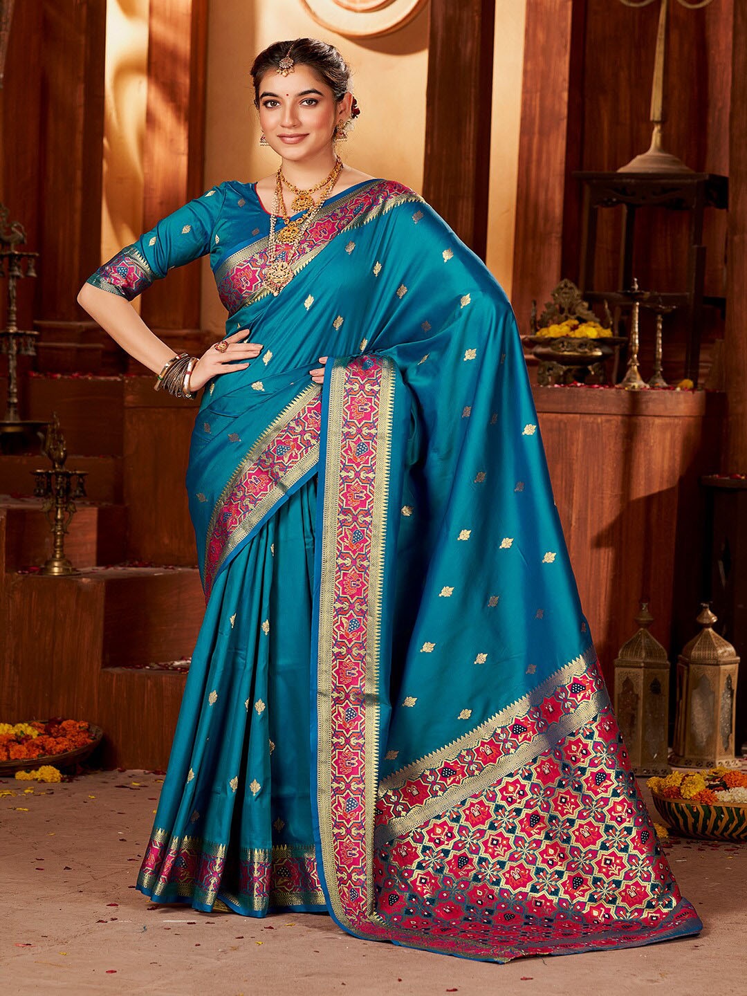 

Kalapushpi Ethnic Motifs Woven Design Silk Blend Paithani Saree, Turquoise blue