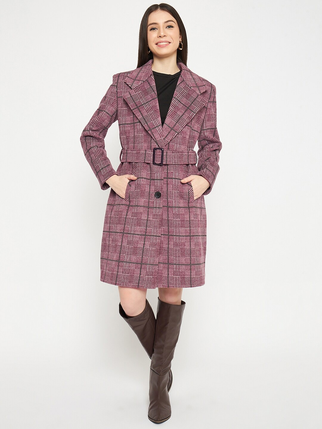 

Plagg Checked Single-Breasted Winter Woollen Trench Coat, Purple