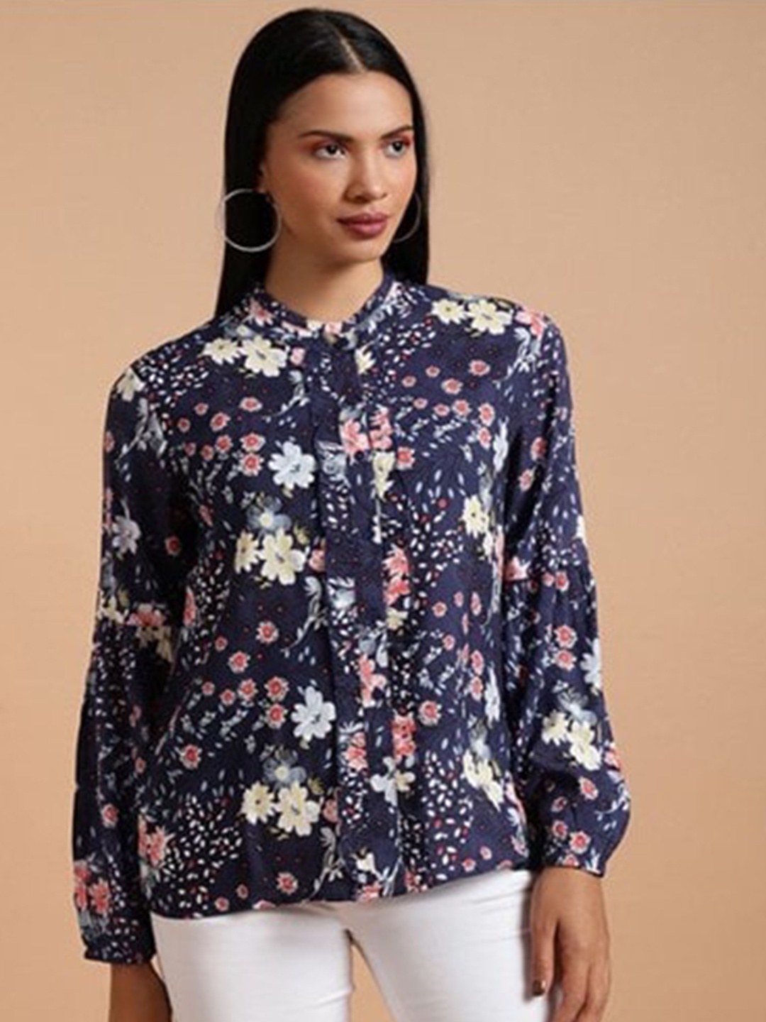 

Aila Floral Printed Mandarin Collar Ruffles Shirt Style Top, Blue