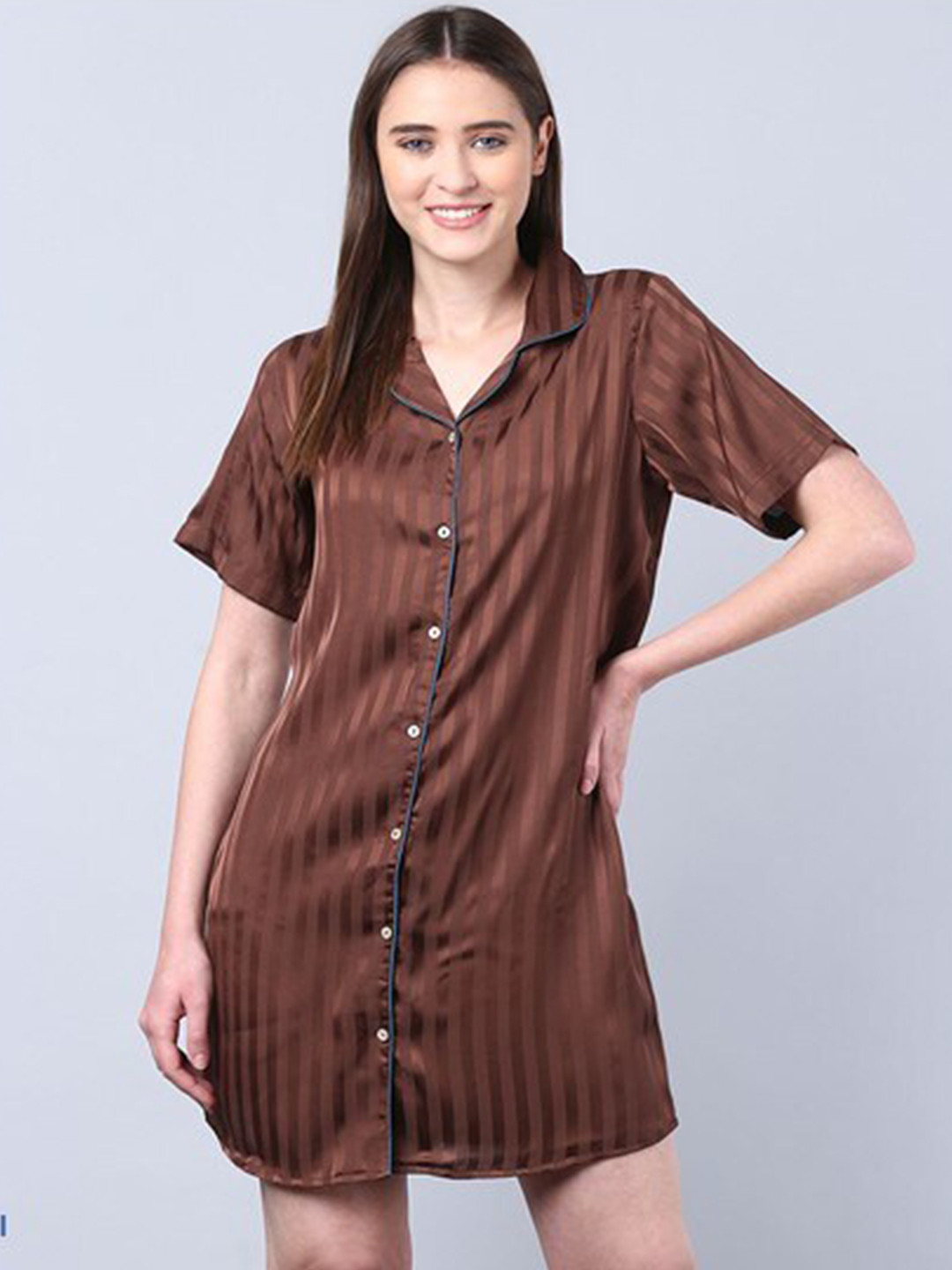 

Aila Striped Lapel Collar Cotton Shirt Nightdress, Brown