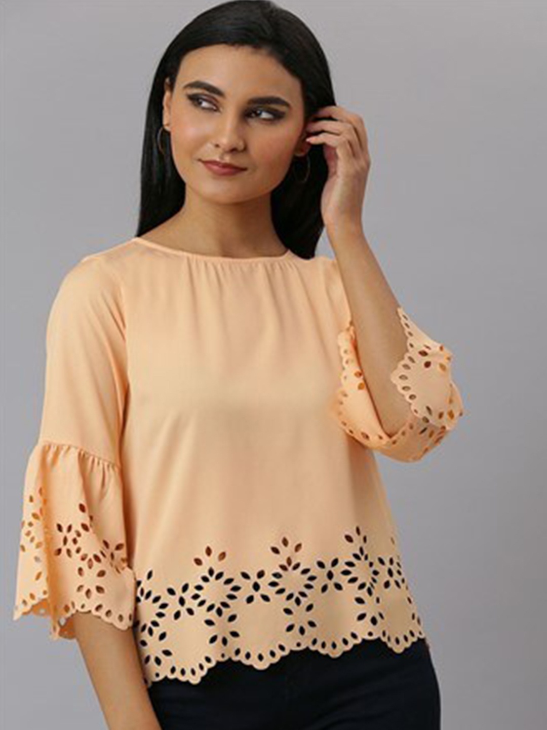 

Aila Self Design Bell Sleeve Cotton Top, Peach