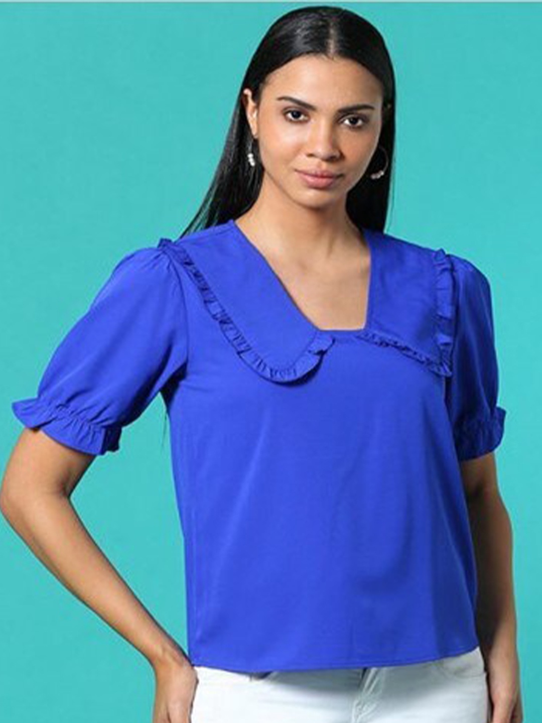 

Aila Peter Pan Collar Puff Sleeve Cotton Top, Navy blue