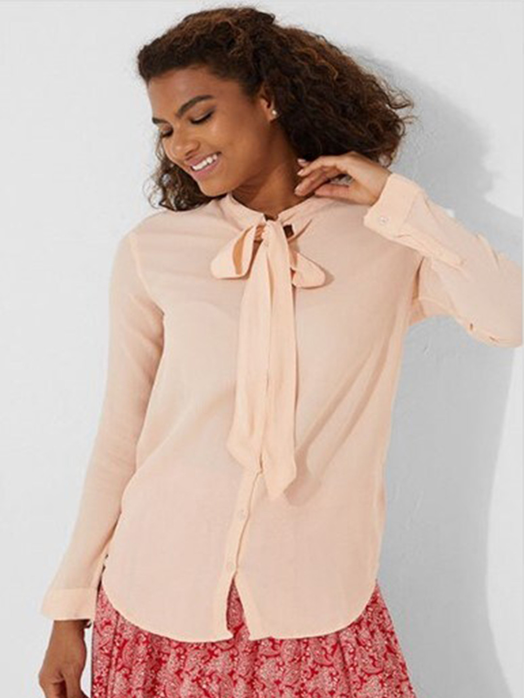 

Aila Tie-Up Neck Cotton Shirt Style Top, Peach