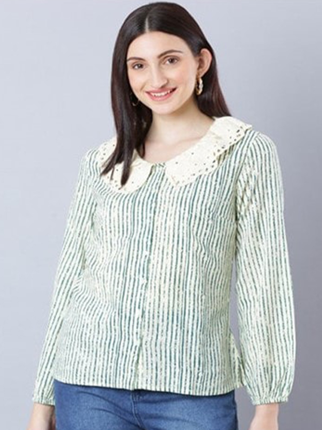 

Aila Striped Above the Keyboard Collar Puff Sleeve Cotton Shirt Style Top, Green