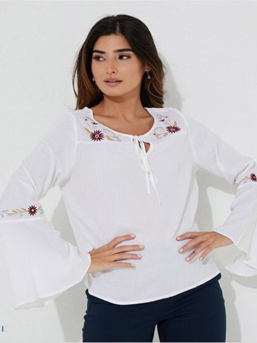 

Aila Floral Embroidered Tie-Up Neck Bell Sleeves Cotton Top, White