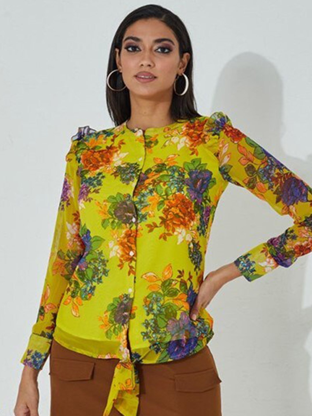 

Aila Floral Printed Mandarin Collar Cotton Shirt Style Top, Yellow