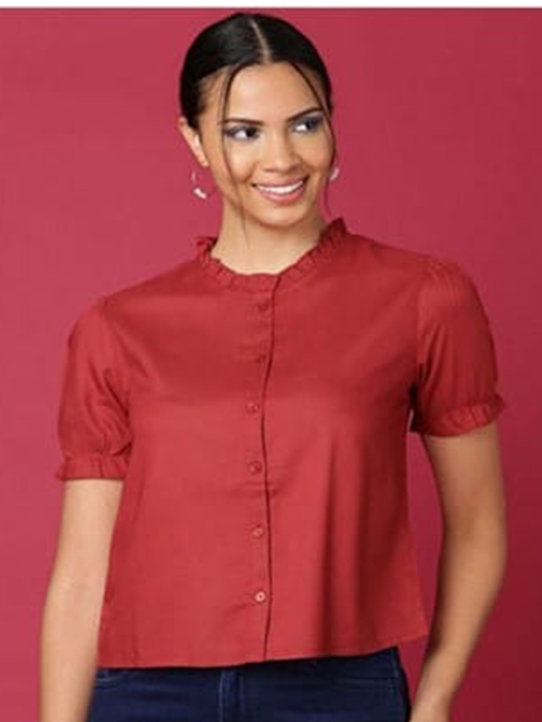 

Aila Round Neck Puff Sleeve Shirt Style Top, Burgundy