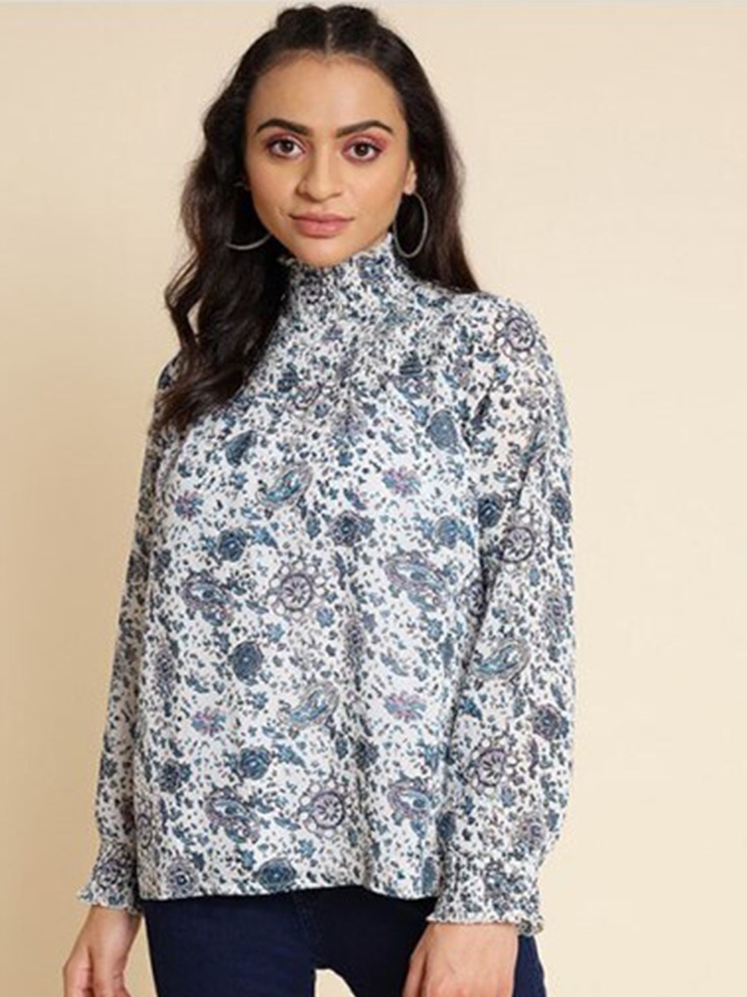 

Aila Floral Printed High Neck Cuffed Sleeves Cotton Top, White