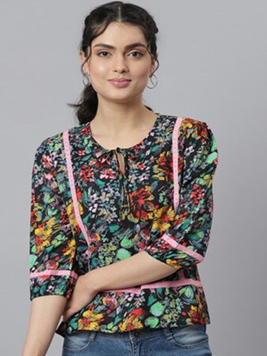 

Aila Floral Printed Tie-Up Neck Cuffed Sleeves Cotton Top, Black