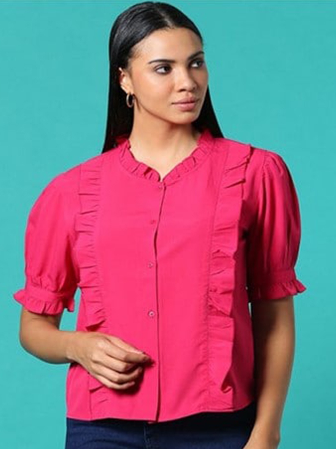 

Aila Mandarin Collar Ruffled Shirt Style Cotton Top, Magenta