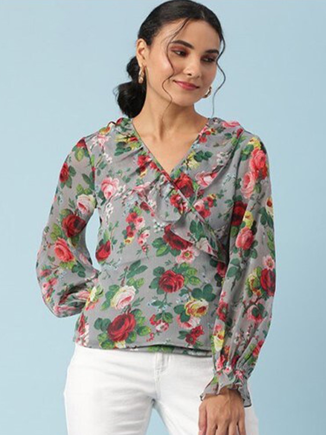 

Aila Floral Printed Ruffles Cotton Wrap Top, Green