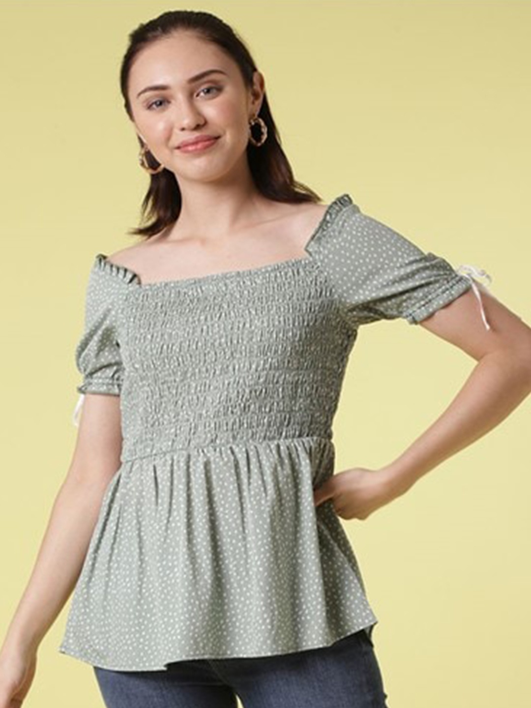 

Aila Geometric Printed Puff Sleeve Peplum Top, Green