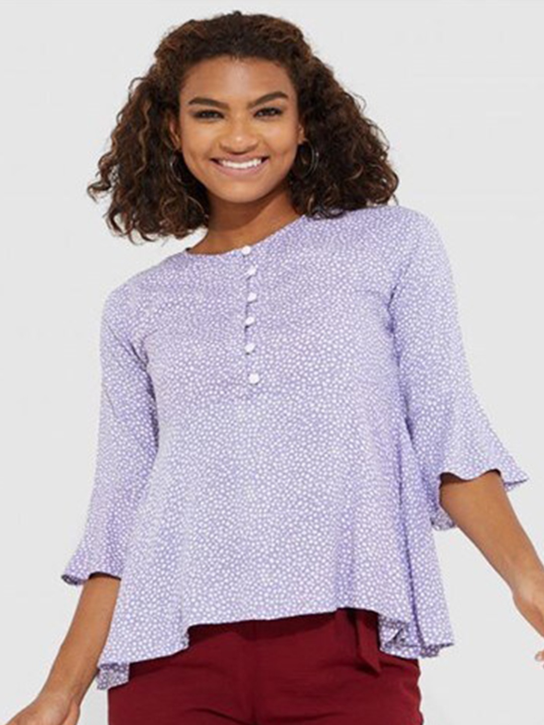 

Aila Abstract Printed Bell Sleeves Cotton Peplum Top, Blue