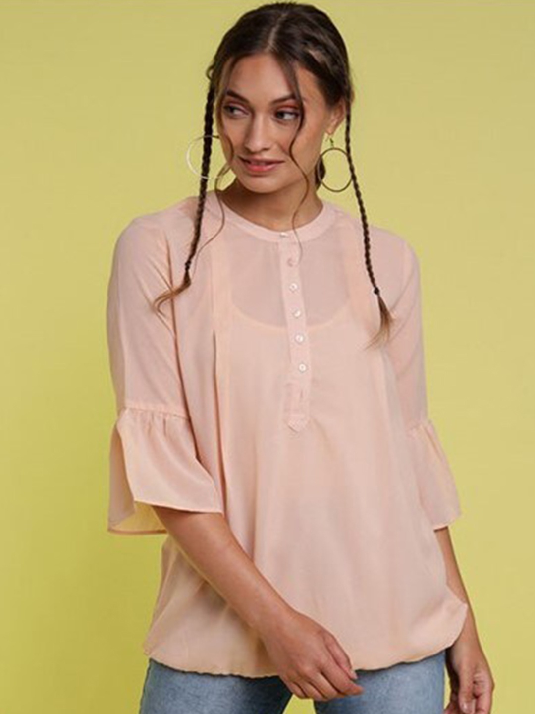 

Aila Mandarin Collar Bell Sleeves Casual Top, Peach