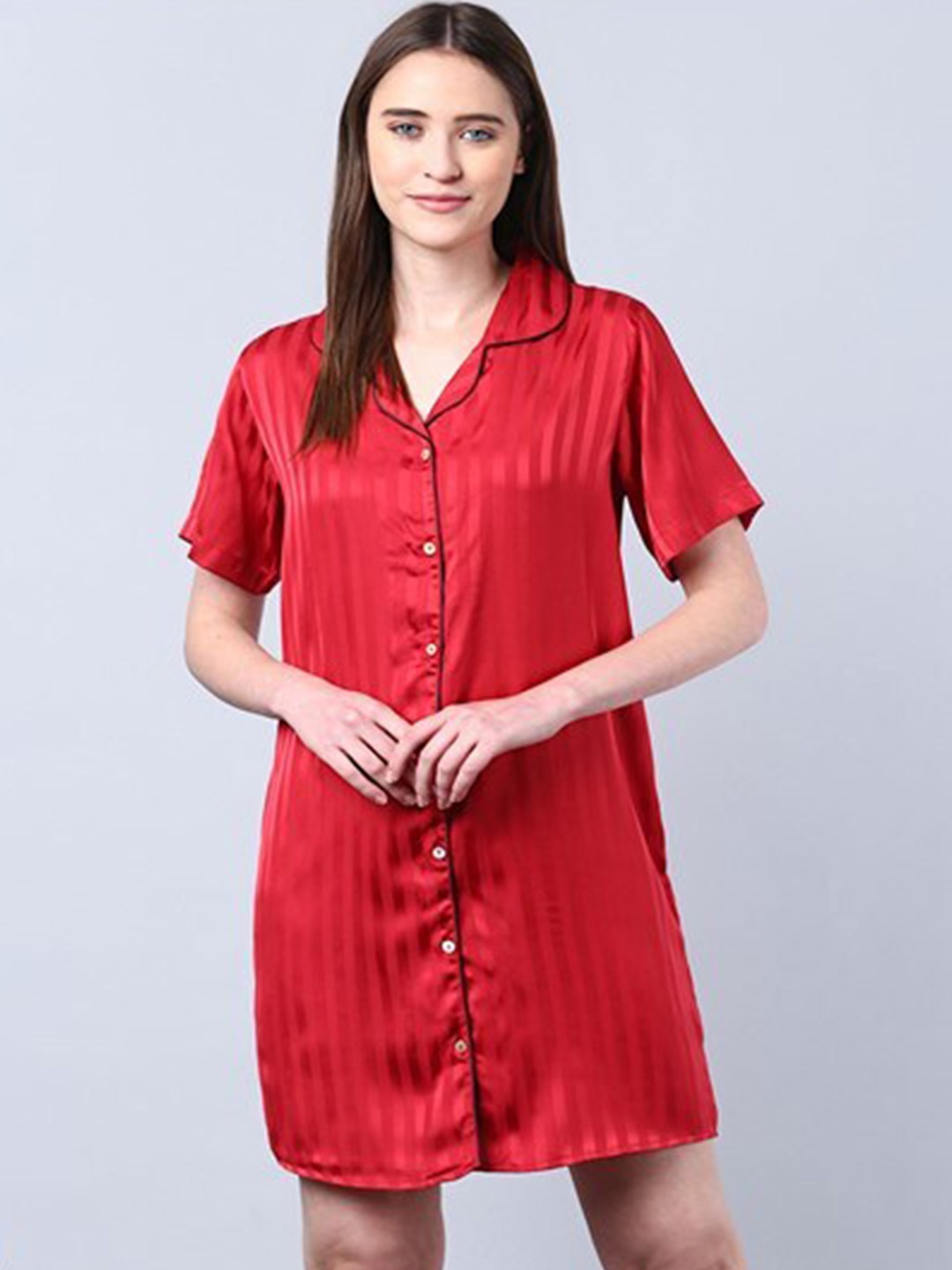 

Aila Striped Lapel Collar Shirt Dress, Red