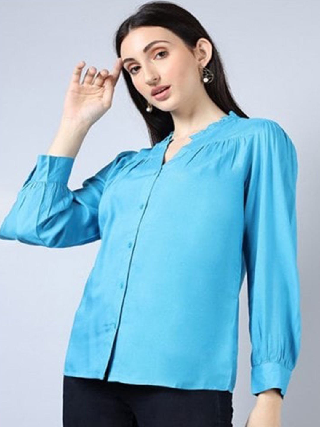 

Aila Mandarin Collar Cuffed Sleeves Shirt Style Top, Blue