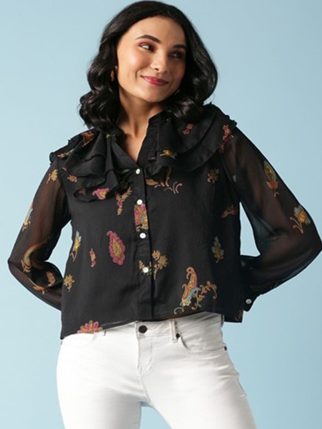 

Aila Ethnic Motifs Printed Ruffles Cotton Shirt Style Top, Black