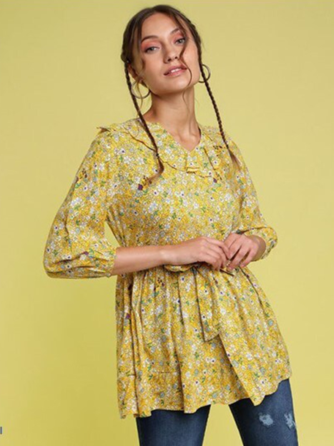 

Aila Floral Printed Ruffles Cotton Top, Yellow