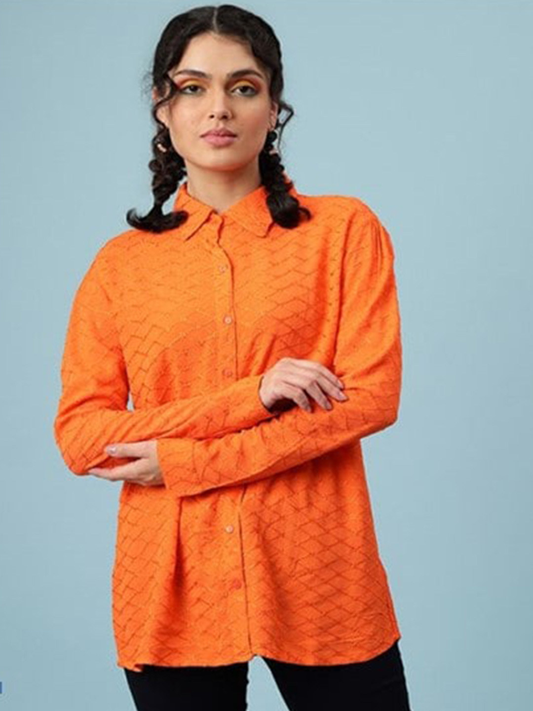 

Aila Self Design Cotton Shirt Style Top, Orange