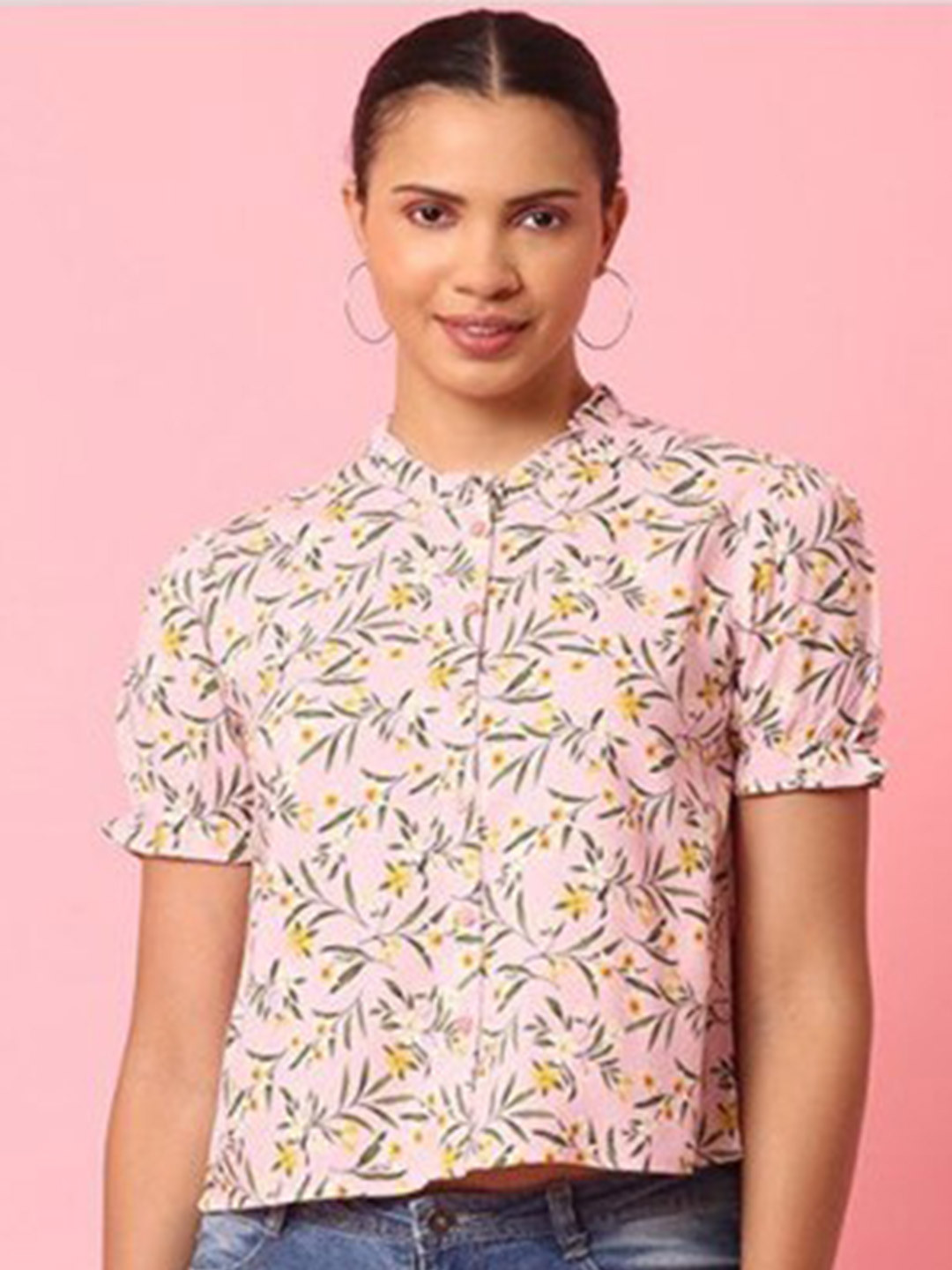 

Aila Floral Printed Puff Sleeves Cotton Crop Shirt Style Top, Pink