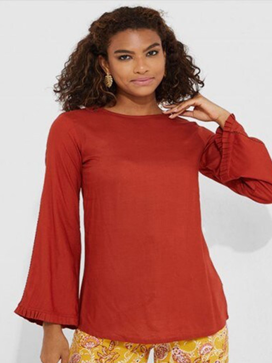 

Aila Bell Sleeves Cotton Regular Top, Red