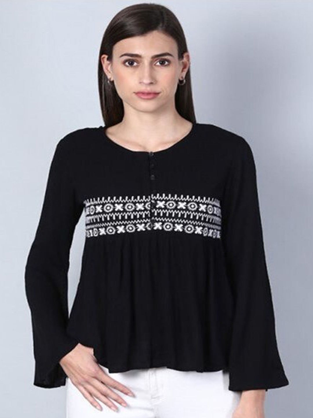 

Aila Ethnic Motifs Embroidered Cotton Top, Black