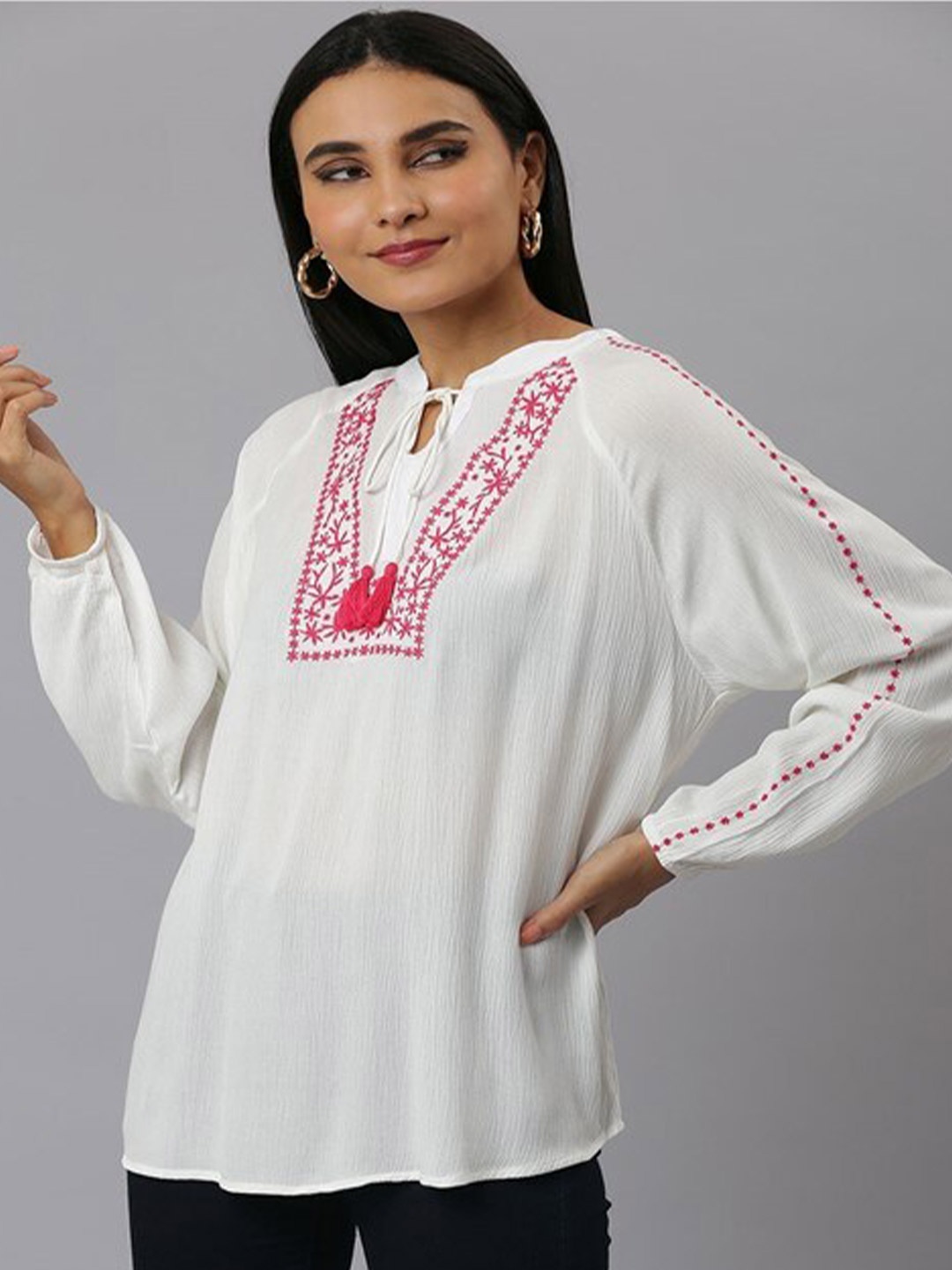 

Aila Floral Embroidered Tie-Up Neck Cuffed Sleeves Top, White
