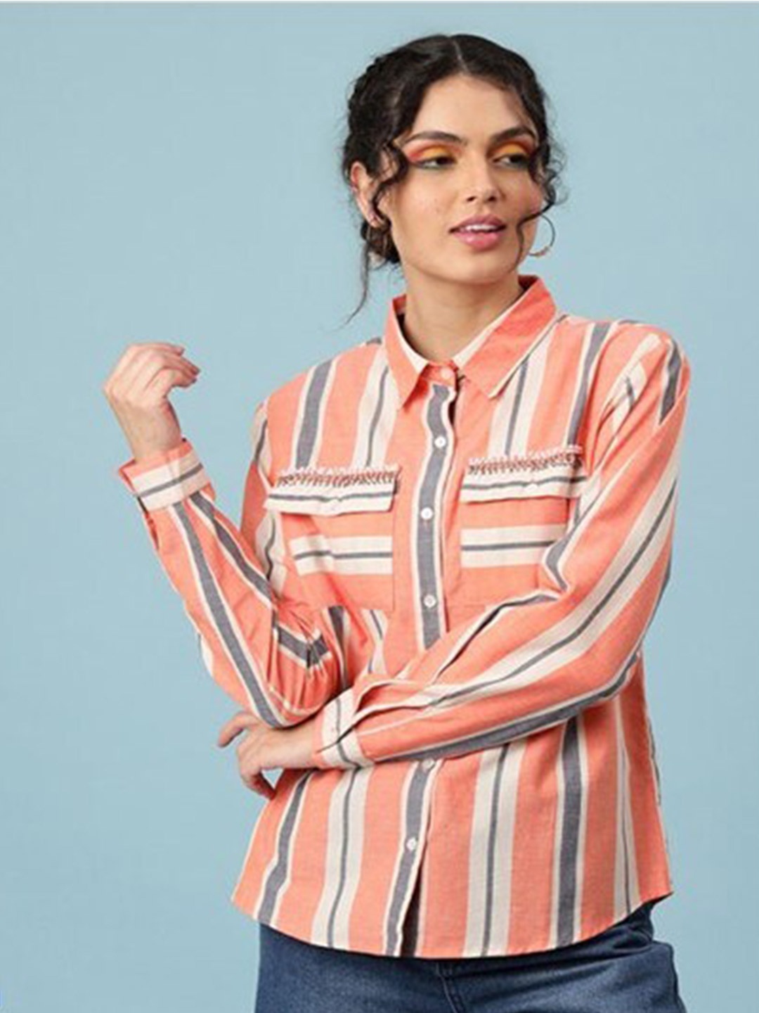 

Aila Striped Shirt Collar Cuffed Sleeves Cotton Shirt Style Top, Peach