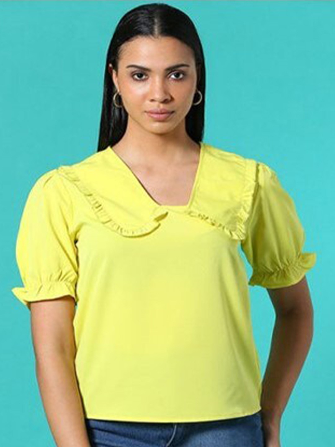 

Aila Peter Pan Collar Puffed Sleeves Cotton Top, Green