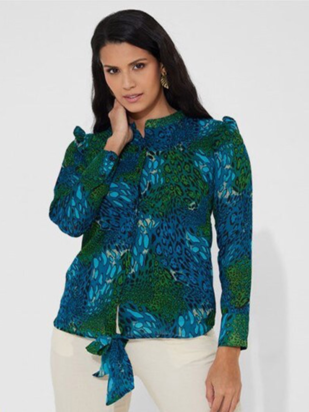 

Aila Abstract Printed Ruffles Cotton Shirt Style Top, Blue