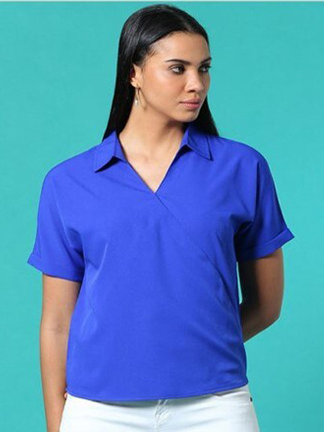 

Aila Shirt Collar Cotton Top, Blue