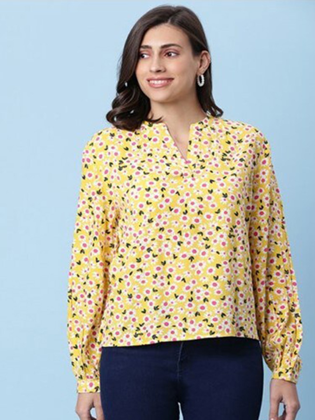 

Aila Floral Print Mandarin Collar Cuffed Sleeves Cotton Regular Top, Yellow