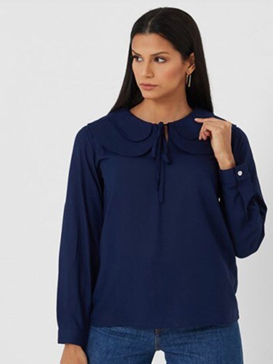 

Aila Tie-Up Neck Cuffed Sleeves Regular Top, Navy blue