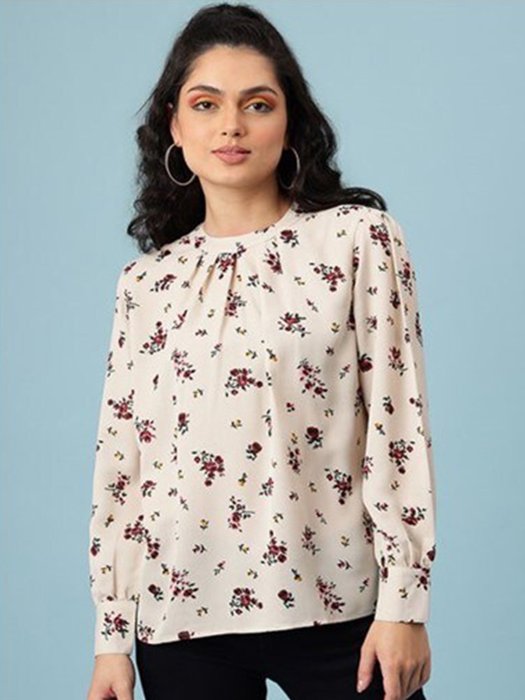 

Aila Floral Printed Cuffed Sleeves Cotton Top, Beige