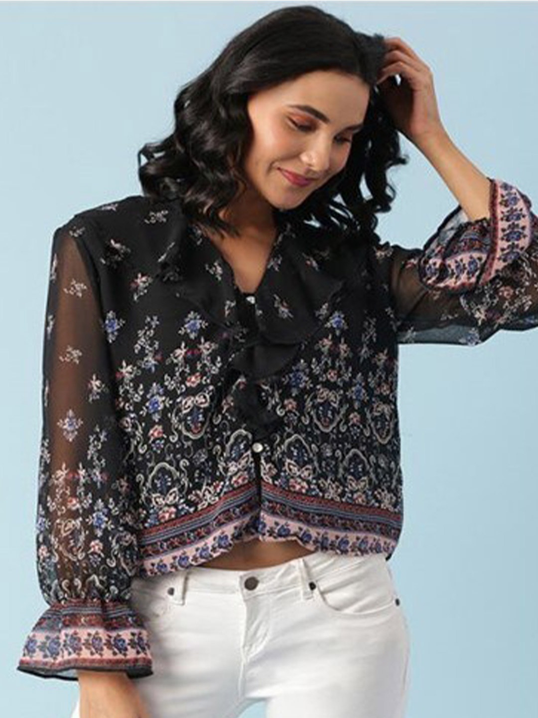 

Aila Ethnic Motifs Printed Bell Sleeves Cotton Top, Black