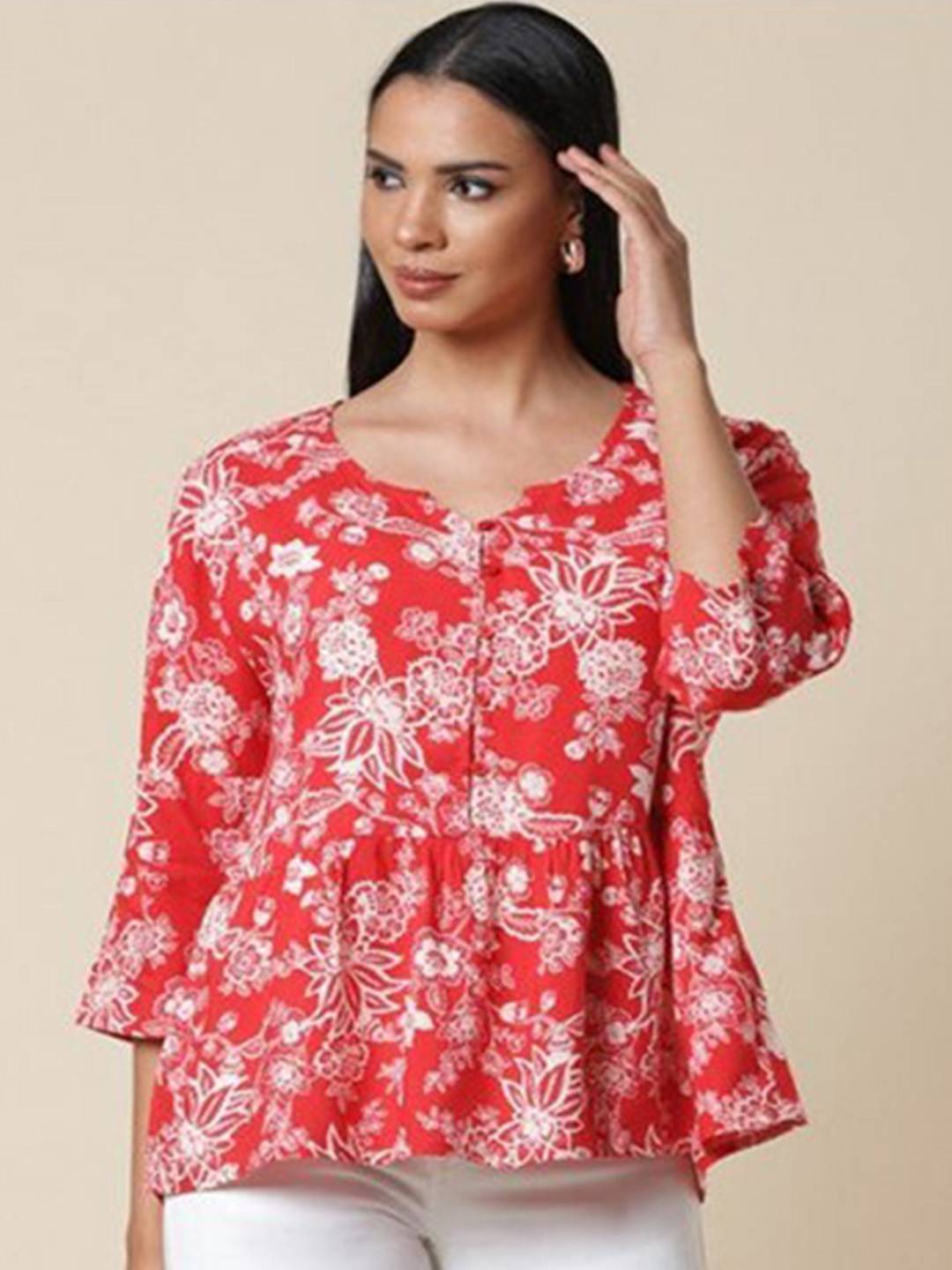 

Aila Floral Printed Bell Sleeves Shirt Style Top, Red
