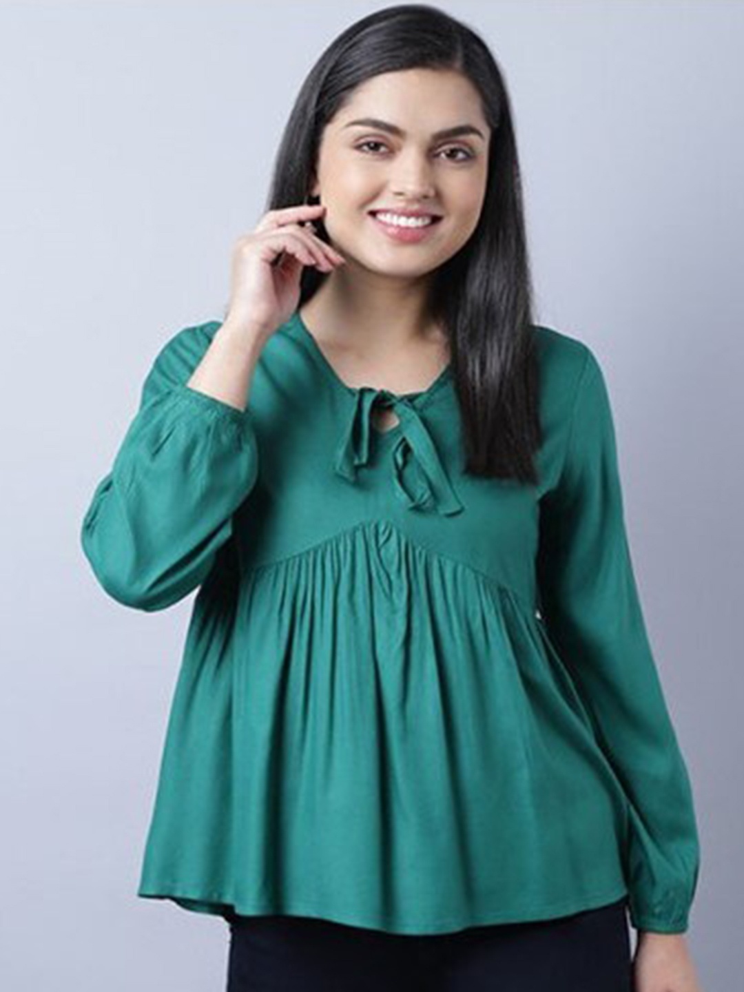 

Aila Tie-Up Neck Gathers Detail Puff Sleeves A-Line Top, Green