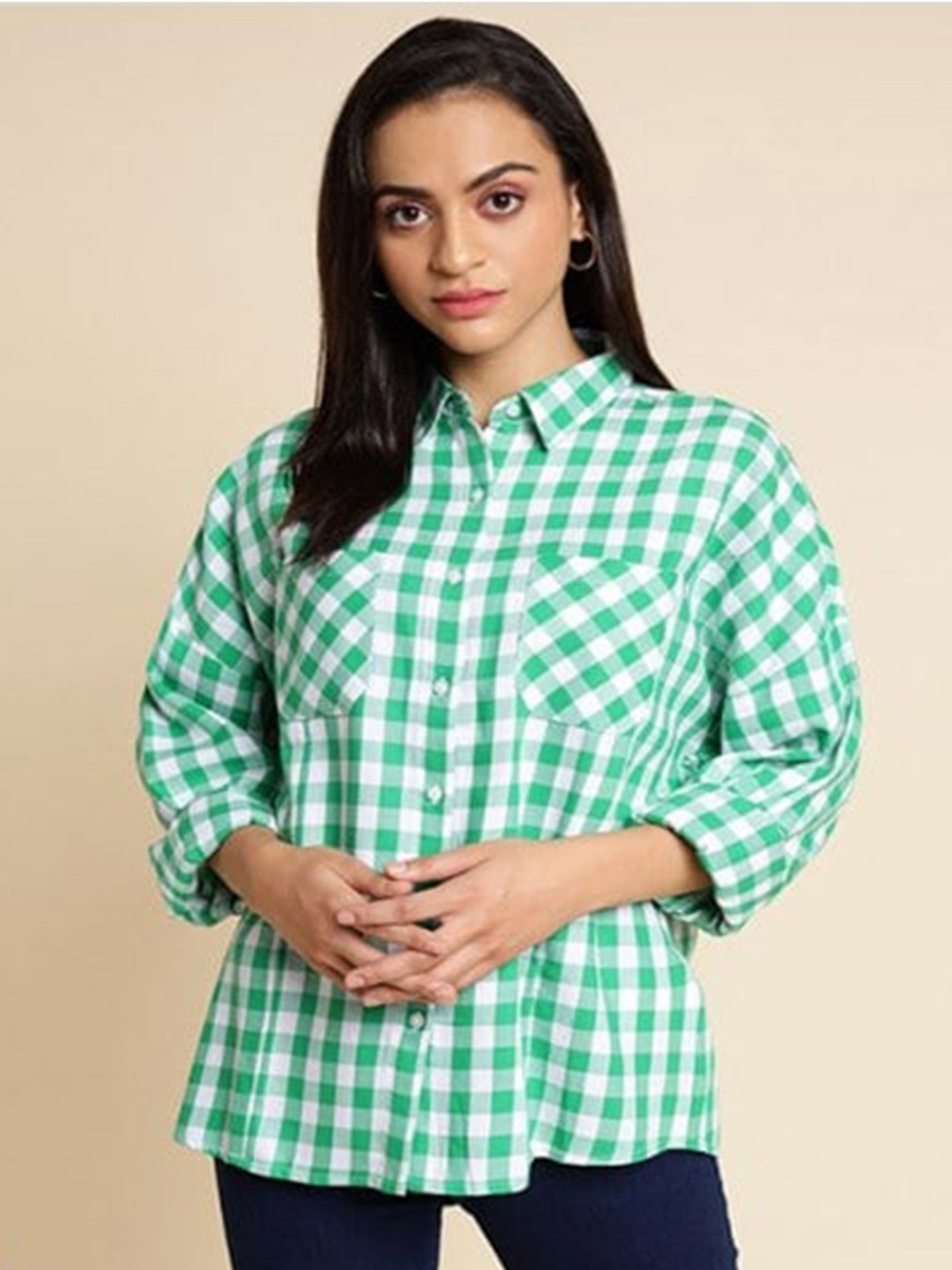 

Aila Spread Collar Gingham Checks Cotton Casual Shirt, Green