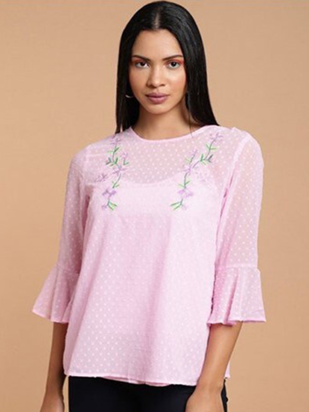 

Aila Floral Embroidered Bell Sleeve Top, Lavender