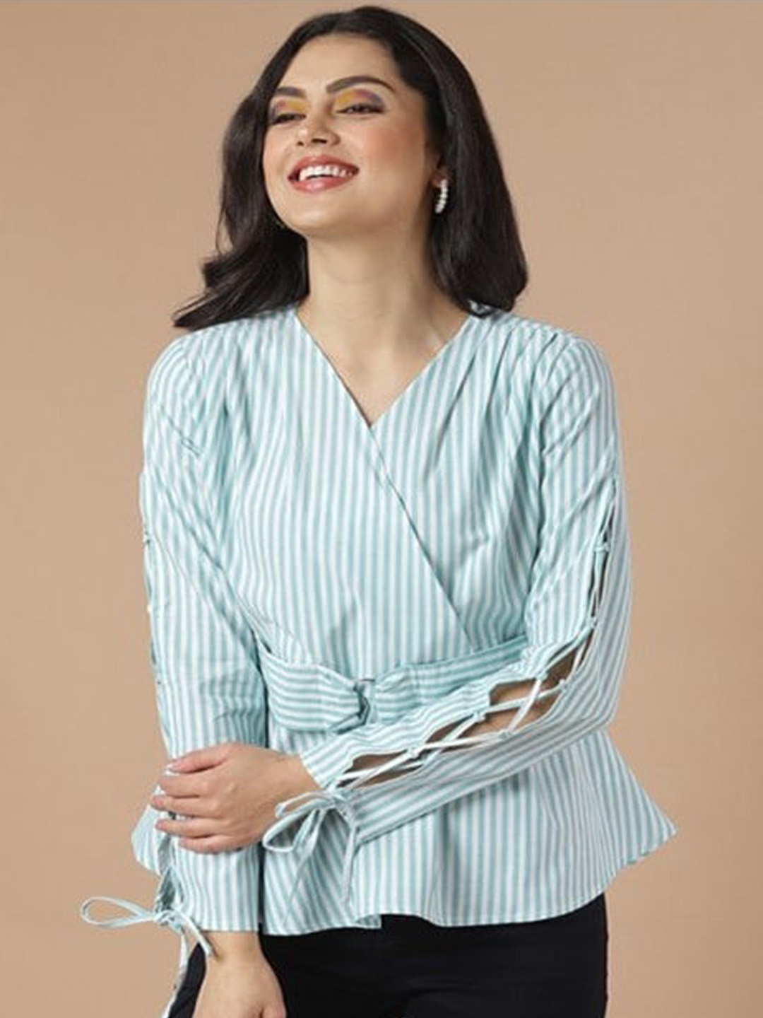 

Aila Vertical Stripes Tie-Ups Cotton Peplum Top, Green