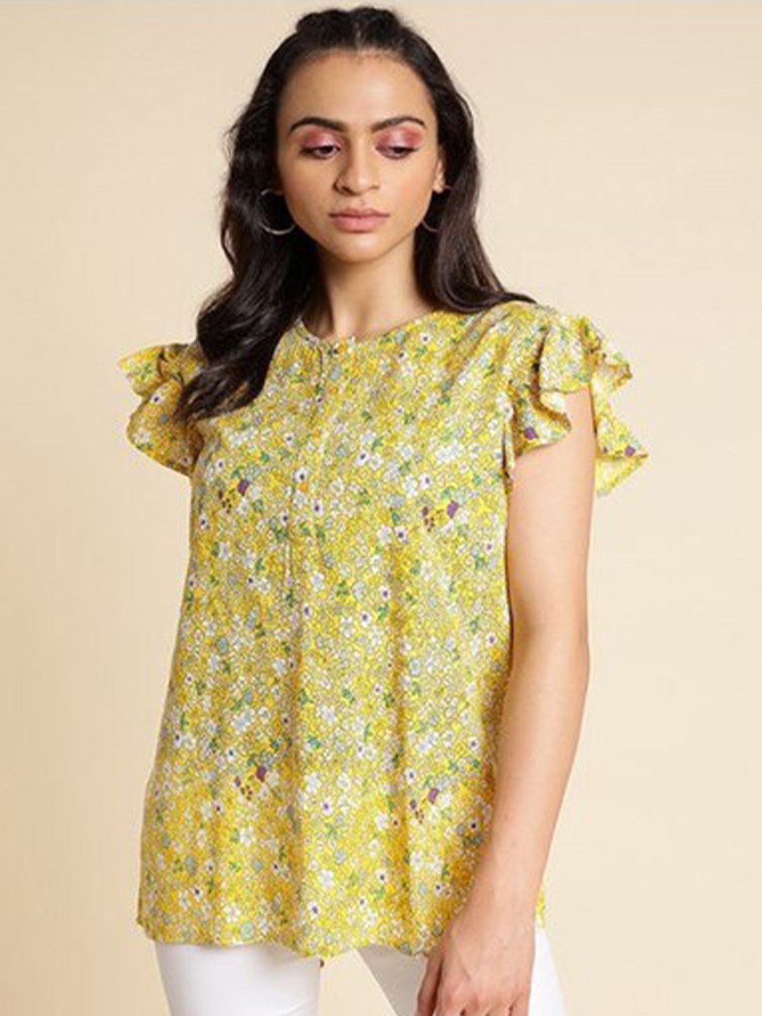 

Aila Floral Printed Flared Sleeve Cotton Top, Yellow