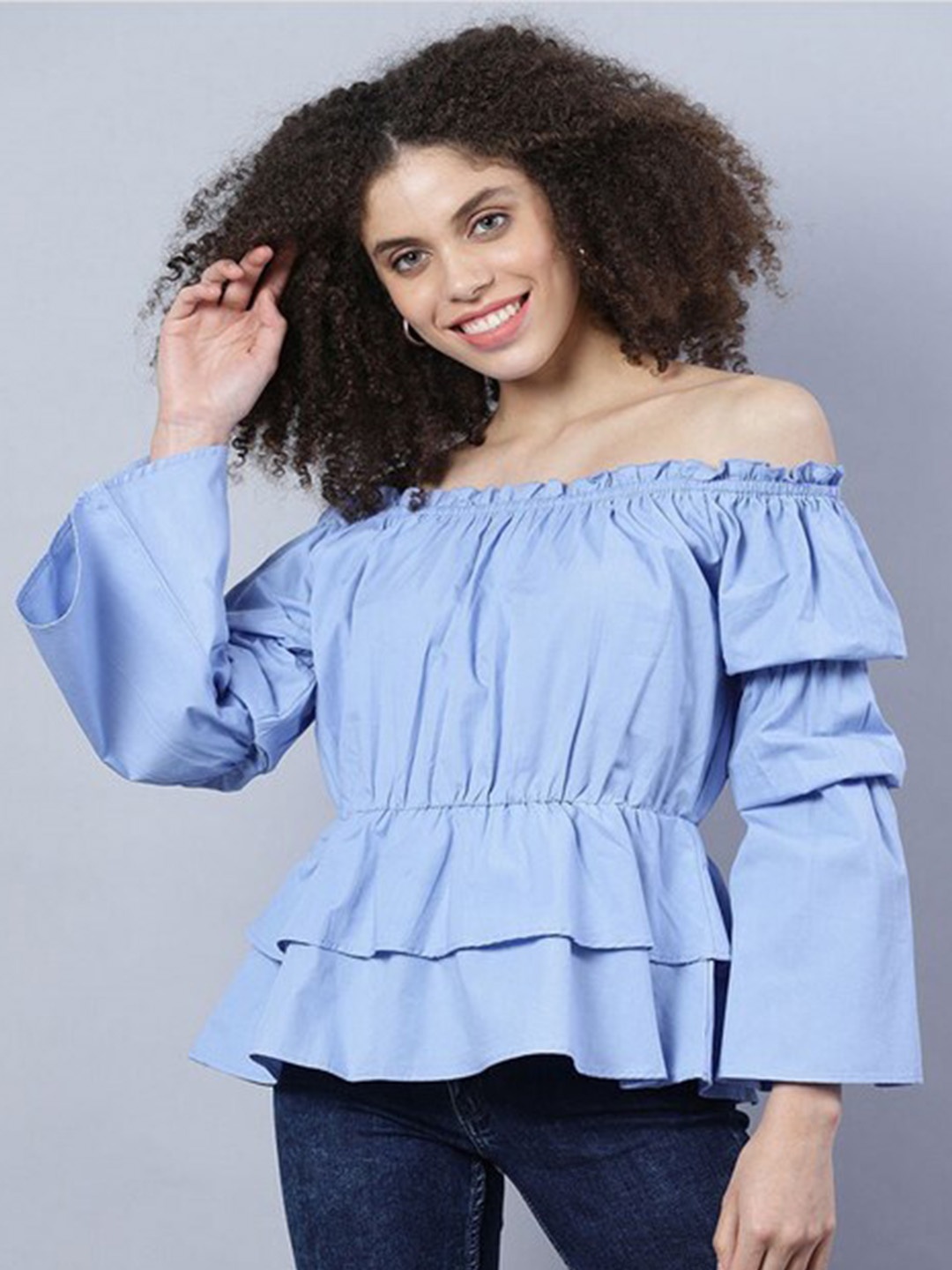 

Aila Off-Shoulder Bell Sleeve Peplum Cotton Top, Blue