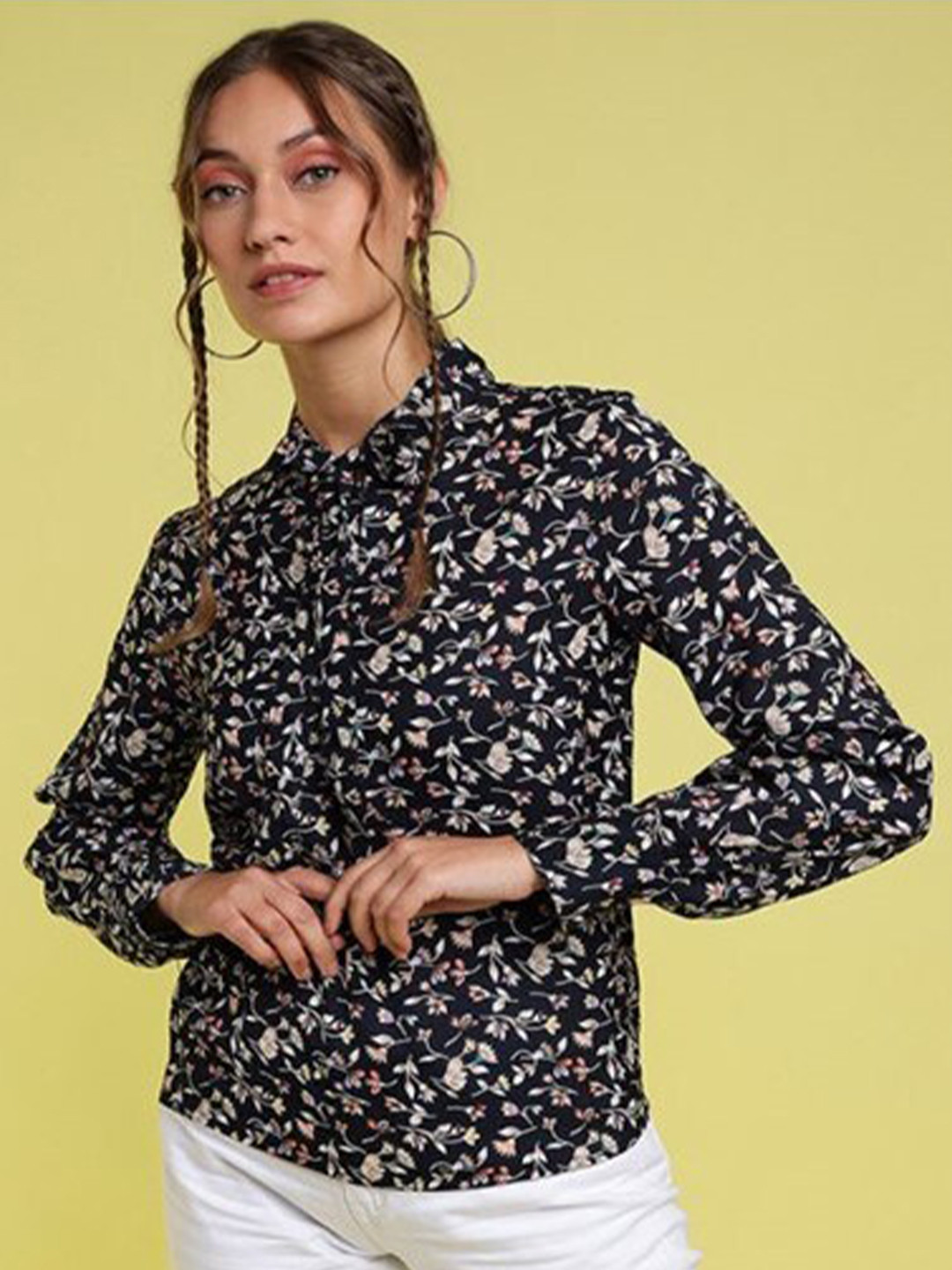 

Aila FLoral Printed Shirt Collar Cotton Shirt Style Top, Multi