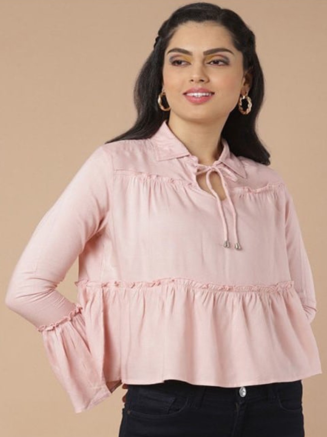 

Aila Tie-Up Neck Bell Sleeves Cotton Top, Mauve